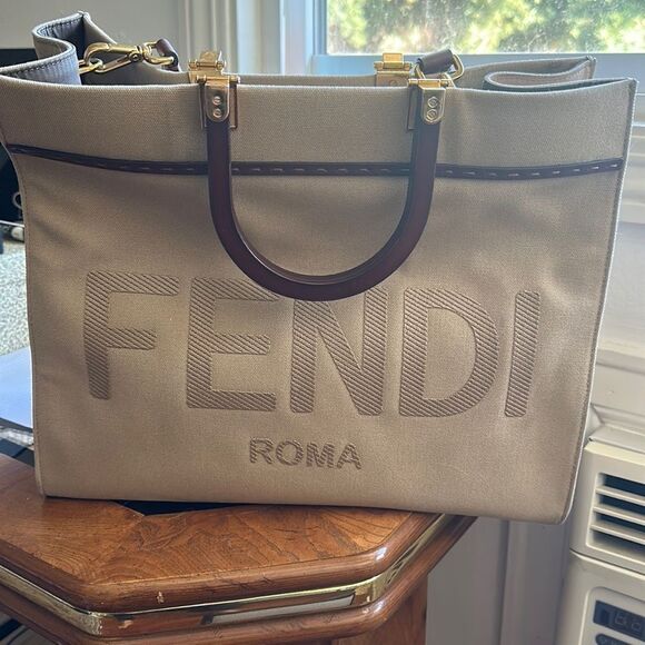 Fendi Sunshine Shopper Tote Canvas Medium Brown